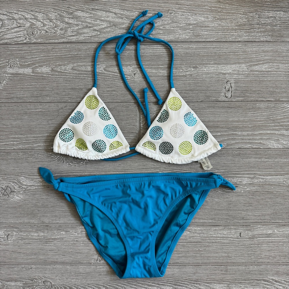 NWOT Victoria's Secret Teal Blue & White Rhinestone Swim Bikini Set